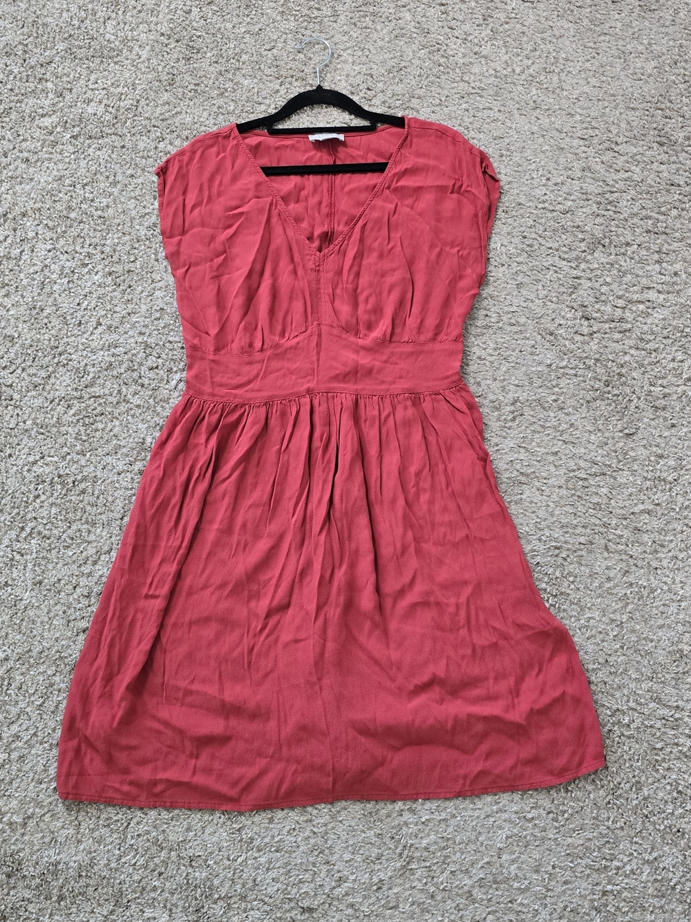 LOFT Red Solid V-Neck Cap Sleeve Smocked Waist A-Line Dress M Minimalist Luxury